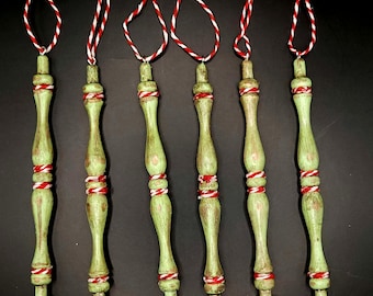 Set of 6 wood spindle Christmas ornaments