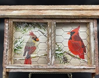 Rustic hand painted cardinal couple birdhouse wall hanging made from repurposed wood