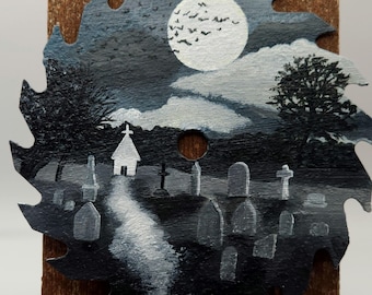 Hand painted 7 in. Saw blade graveyard scene
