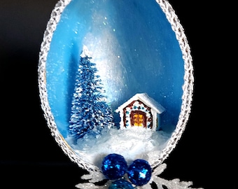 Hand crafted goose egg diorama Christmas ornament