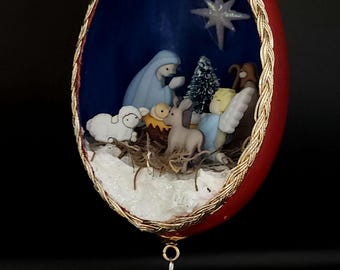 Hand crafted goose egg diorama Christmas Nativity ornament