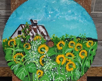 Hand painted 7 in. Saw blade barn and sunflowers