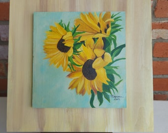 Framed sunflowers painting on balsa wood