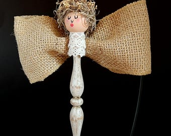 Hand crafted rustic wood spindle angel ornament