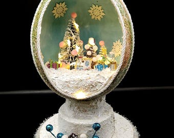 Handcrafted Christmas ostrich egg diorama with lights