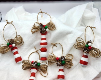 Set of 5  candy striped wood spindle Christmas ornaments