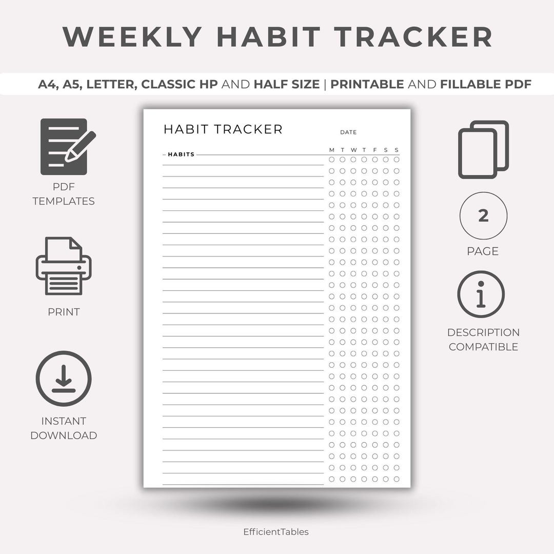 Weekly Habit Tracker Printable PDF, 7 Day Habit Challenge Template ...