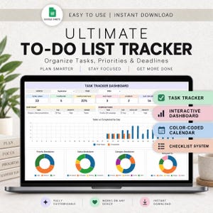 May include: A digital task tracker dashboard displayed on a laptop screen, featuring a Google Sheets interface with task metrics, a bar chart for daily progress, and four colorful pie charts for priority, status, category, and owner breakdowns.