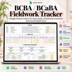 Puede incluir: Un rastreador digital de trabajo de campo BCBA/BCaBA para Google Sheets en la pantalla de una computadora portátil. La interfaz incluye una guía de configuración, registro de horas y un panel con gráficos, tablas e indicadores de estado.