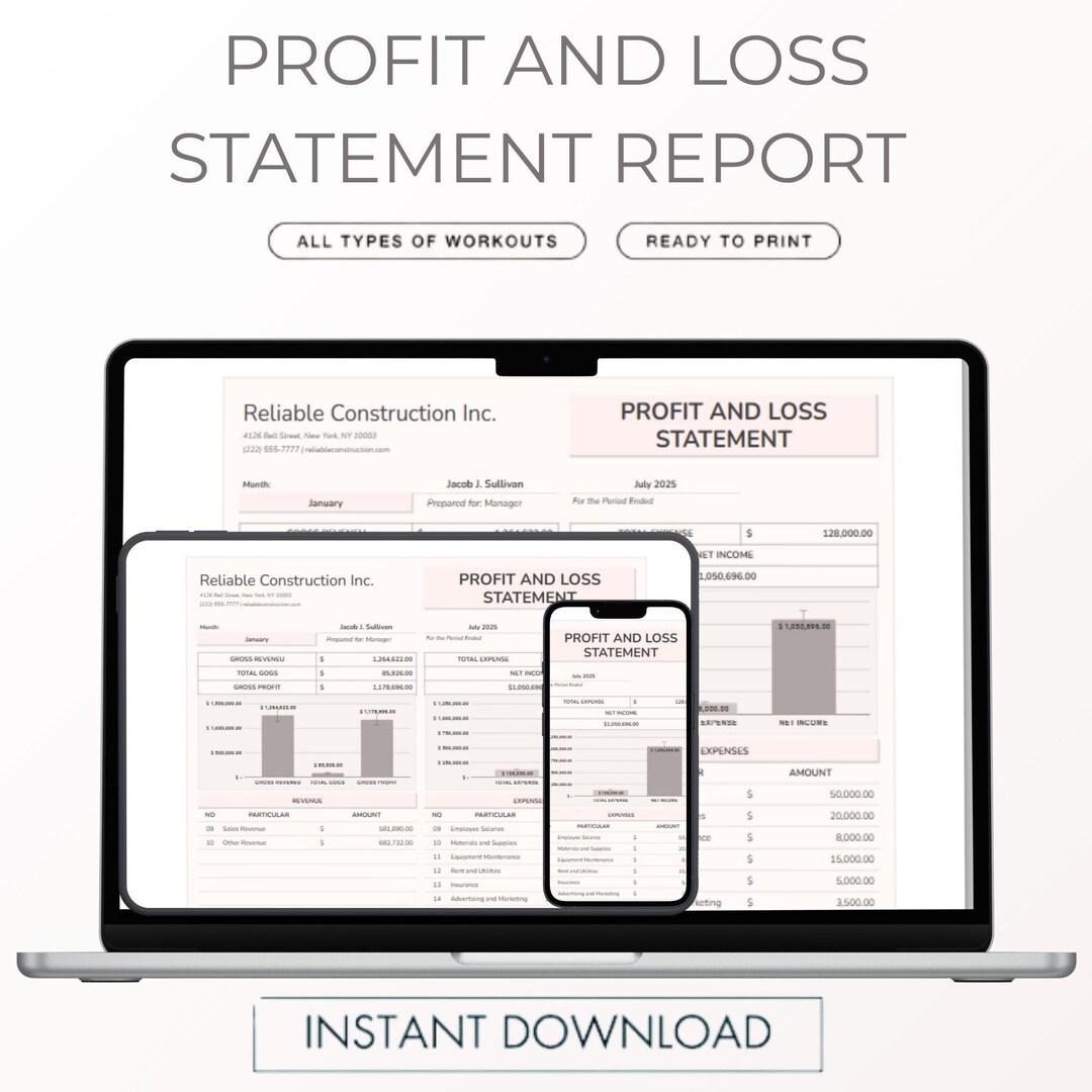 Profit and Loss Statement Report Template, Google Sheets Bookkeeping ...