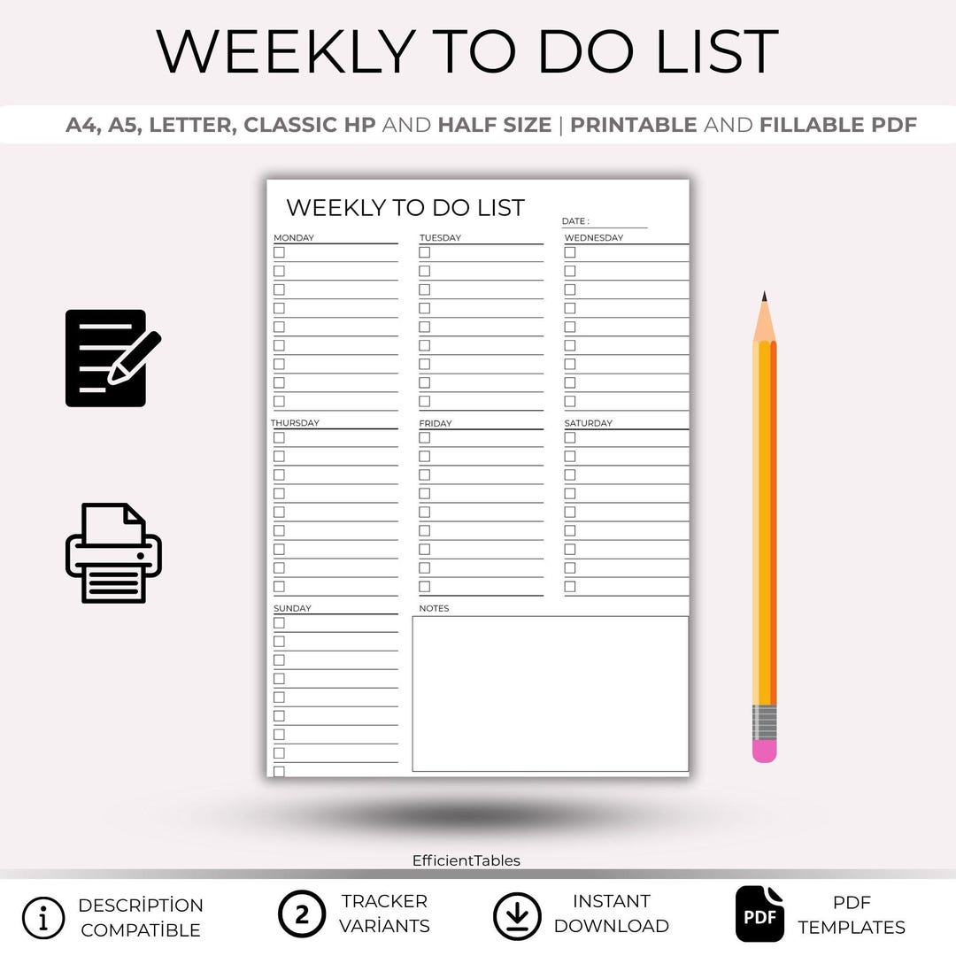 Minimalist Weekly to Do List Printable PDF | Undated Task Planner ...