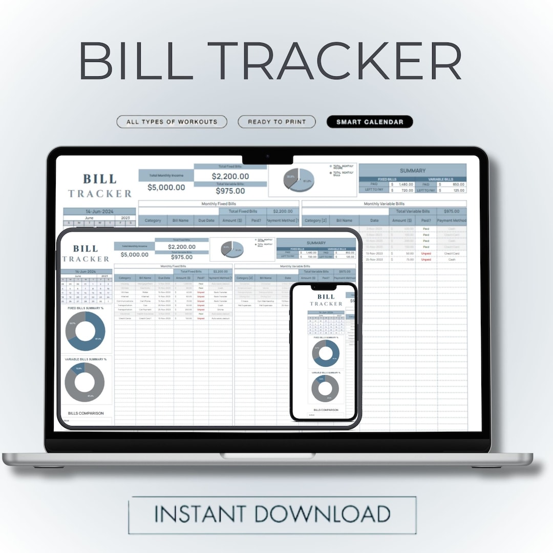 Bill Tracker Spreadsheet, Google Sheets Excel Bill Calendar, Monthly ...