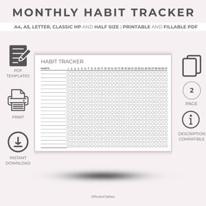 Monthly Habit Tracker Printable Landscape PDF, 30 Day Habit Challenge Template, Daily Routine and Goal Tracker, A4 Letter Size