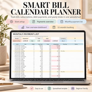 Op de afbeelding: Een digitaal slim factuurkalender-planner-spreadsheet weergegeven op een laptopscherm. De interface bevat een maandelijkse betalingslijst met kolommen voor datum, dag, aantal rekeningen, totaal verschuldigd, betaald, resterend en notities.