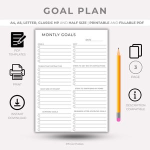 Goal Planner Printable PDF, Goal Setting and Goal Tracker Template, Yearly Monthly Quarterly Goals, Productivity Planner A4 A5 Letter Half