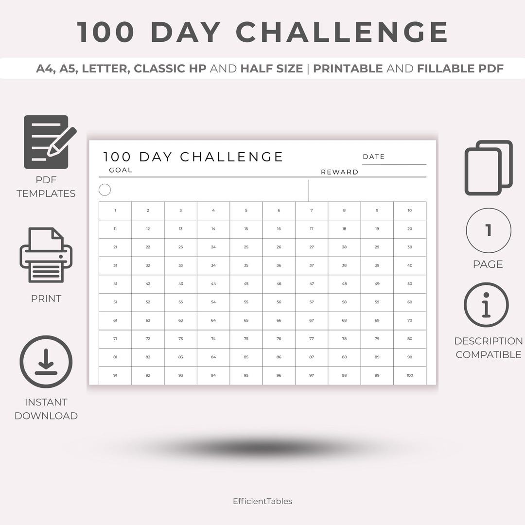100 Day Challenge Printable PDF, Goal Setting and Progress Tracker ...