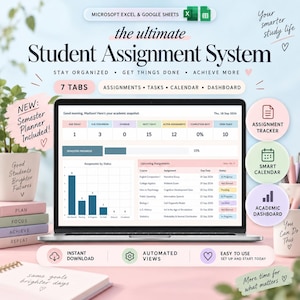 Könnte beinhalten: Ein digitales System für Studentenaufgaben für Microsoft Excel und Google Sheets auf einem Laptop-Bildschirm. Die Benutzeroberfläche zeigt ein Dashboard mit Aufgabenverfolgung, Kalender und Fortschrittsdiagrammen. Text: The Ultimate Student Assignment System.