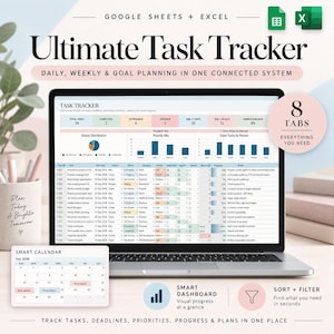Può includere: Un modello digitale di monitoraggio delle attività per Google Sheets ed Excel visualizzato su uno schermo di un portatile. L'interfaccia presenta una dashboard con grafici di stato, un elenco dettagliato di attività e un calendario. Testo: Ultimate Task Tracker.