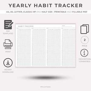 Yearly Habit Tracker Printable PDF, Annual Habit Planner and Routine Checklist, Goal Tracker Template, A4 , Instant Download