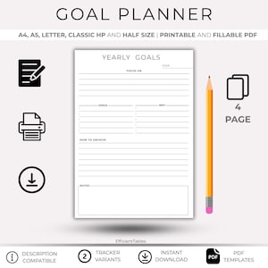 Goal Planner Printable, Weekly Monthly Quarterly Yearly Goals, Digital Goal Planner, Productivity Planner Inserts, A4 A5 Letter Half Size