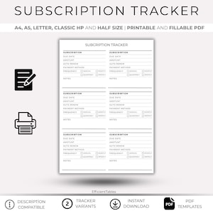 Subscription Tracker Printable, Membership Checklist PDF, Budget & Expense Tracker, A4/A5/Letter/Half Size, Instant Download