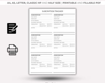 Subscription Tracker Printable, Membership Checklist PDF, Budget & Expense Tracker, A4/A5/Letter/Half Size, Instant Download