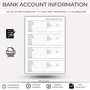 Bank Account Information Tracker Printable PDF | Bank Details Organizer Log Sheet | A4 A5 Letter Half Size Instant Download Template