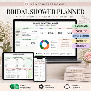 May include: A digital bridal shower planner displayed on a laptop, tablet, and smartphone screen. The interface features a dashboard, guest list, budget, expenses, checklist, and itinerary tabs with charts, tables, and text fields for event planning.