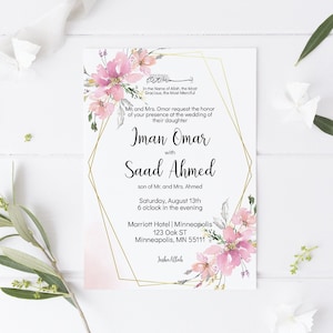 Blush Rosa Florale Muslimische Hochzeitseinladung Islamische HochzeitSeinladung Karte Bearbeitbare Vorlage Download Nikkah Shaadi Baraat Walima Einladungskarte
