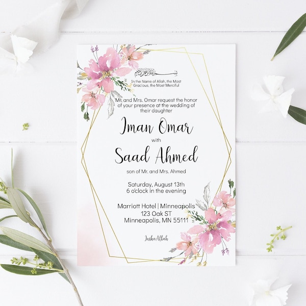 Blush Pink Floral Muslim Wedding Invitation Islamic Wedding Invite Card Editable Template Download Nikkah Shaadi Baraat Walima Invite Card