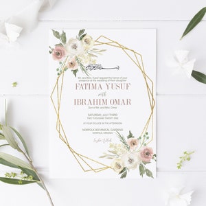 Pink White Yellow Roses Gold Floral Muslim Wedding Invitation Wedding Invite Card Editable Template Download Nikkah Shaadi Baraat Walima