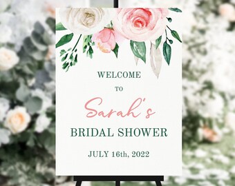 Rosa und Weiße Rosen Blumen Garten Brautparty Willkommen Schild Bearbeitbare Vorlage Instant Download