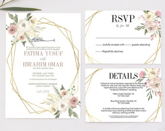 Pink White Yellow Roses Gold Frame Vintage Floral Muslim Wedding Invitation RSVP Details Card Editable Template Instant Download Bundle