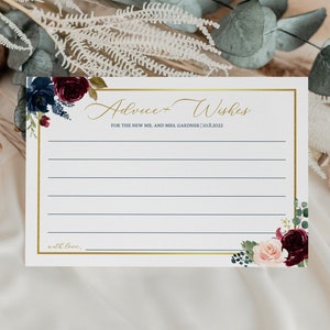 Burgund Navy Blush Floral Gold Rahmen Beratung und Gut Wünsche Karte Bearbeitbare Vorlage Sofortiger Download | florale Hochzeitsschablone