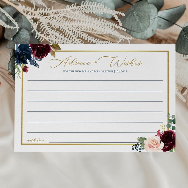 Burgundy Navy Blush Floral Gold Frame Advice and Well Wishes Card Editable Template Instant Download | floral wedding template