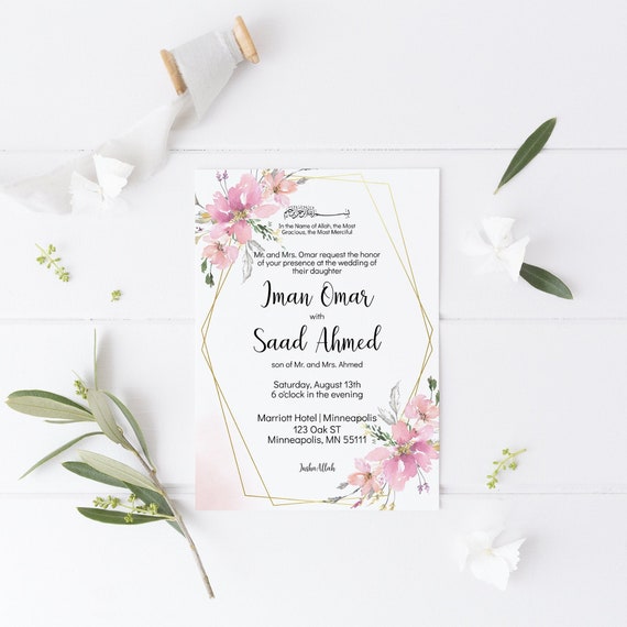 Editable Nikkah Wedding Invitation Floral Frame Islamic 