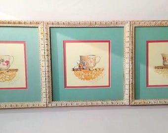 Vintage Hand-Signed Sandy Lynam Clough Teacup Prints Set of 3 Custom Wood Frames