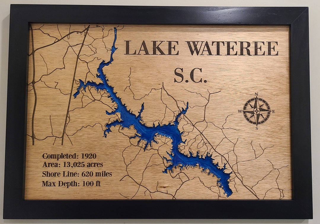 25 X 18 Lake Wateree With Roads Laser Engraved Sign With Epoxy Inlay Etsy