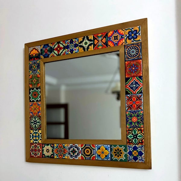 Ethnic Home Decor Mirrors, Tile Mirror, Bohemian Mirror, Mexican Tile, Mosaic Mirror, Mexican Talavera Tile, Talavera Mirror,  Wall Art