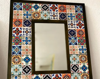 Art Decor Wall Mirror, Tile Mirror,Wall Mirror, Bohemian Mirror, Mexican Tile Mirror, Rustic Decor, Mexican Ceramic Wooden Mirror,