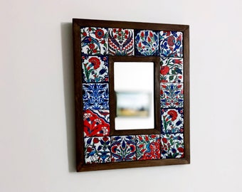 Ceramic and Wooden Mirror, Wall Mirror, Wall Decor, Turkish Traditional Ethnic Style, Art Deco Wall Mirror, Ceramic Tile Mirror, Art Mirror