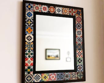 Mexican Tile Mirror, Bohemian Mirror, Mexican Tile, Mosaic Mirror, Mexican Talavera Tile, Talavera Mirror, Art Deco Wall Mirror, Wall Art