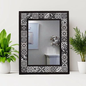 Ceramic Wooden Mirror, Wall Decor, Talevera Mirror, Black and White Mirror, Black and White Tile, Art Deco, Wall Mirror, Tile Mirror,