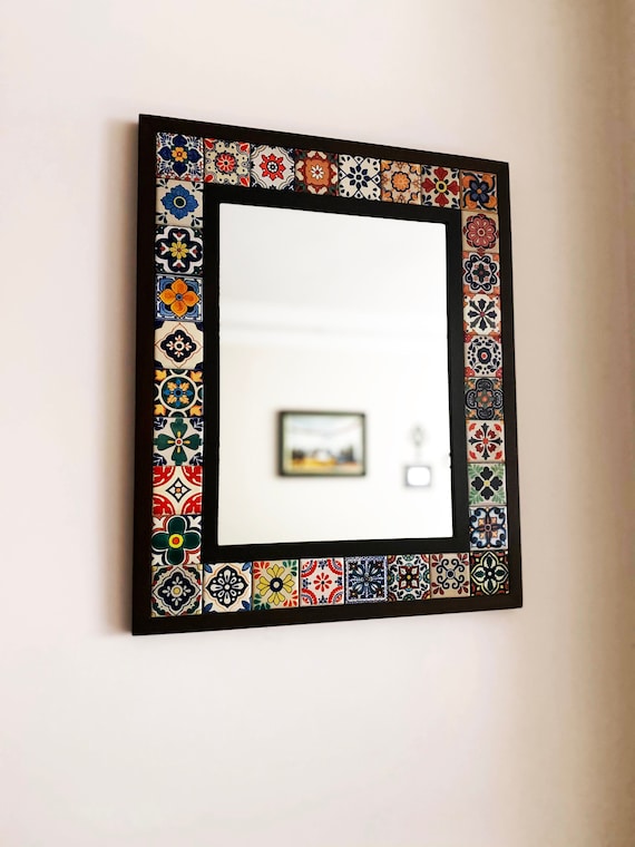 Mexican Tile Mirror, Bohemian Mirror, Mexican Tile, Mosaic Mirror, Mexican Talavera Tile, Talavera Mirror, Art Deco Wall Mirror, Wall Art