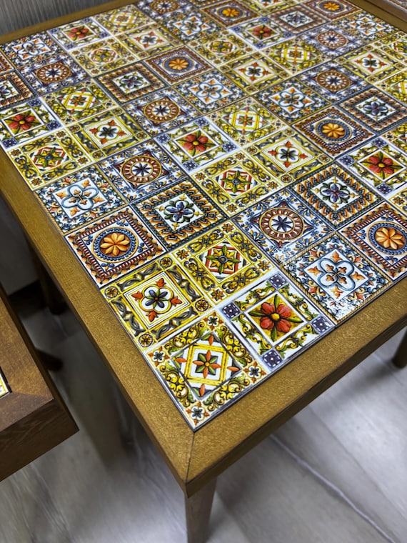 モザイクタイルコーヒーテーブルセット：パイン材リビングルーム家具