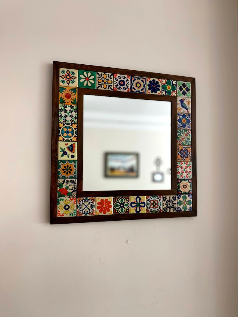 Mexican Mirror, Unique Mirror, Bohemian Mirror, Mosaic Mirror, Talavera Tile Mirror, Talavera Mirror, Art Deco Wall Mirror, Wall Art image 1