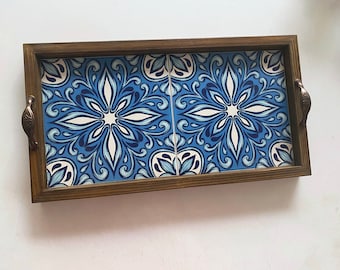 Decorative Tile Tray, Blue Tile, Decorative Serving Tray, Wooden Tray, Boho Tile Tray, Tile Ceramic Tray, Organizer Tray, Home Deco