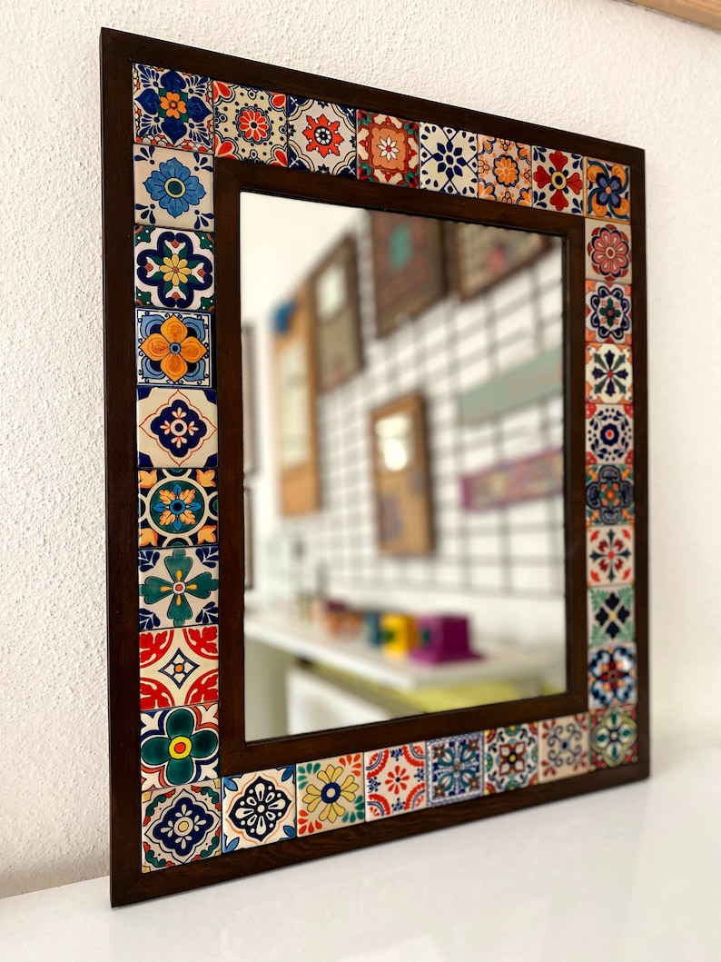 Mexican Tile Mirror, Bohemian Mirror, Mexican Tile, Mosaic Mirror, Mexican Talavera Tile, Talavera Mirror, Art Deco Wall Mirror, Wall Art image 2