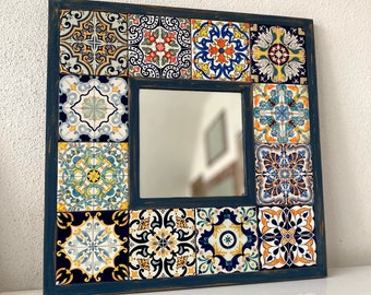 Talavera Mirror, Pattern Azulejos Portugal Tile, Moroccan Tile, Mosaic Mirror, Spanish Tile Mirror, Vintage Home Decor, Vintage Mirror