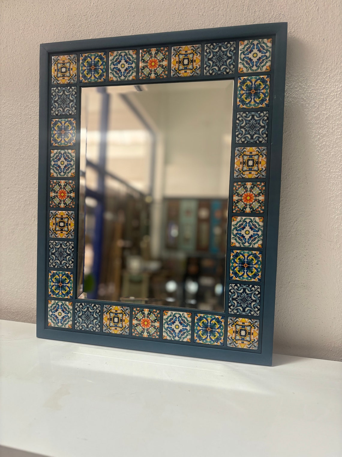 Mexican Tile Mirror, Decorative Wall Mirror, Tile Decorated Frame